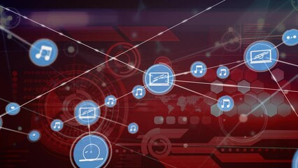 Poster - Animation of network of digital icons over interface with data processing against red background