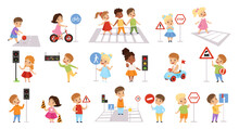 Road Safety Rules For Children Set. Kids Crossing Street Along Crosswalk And Learning About Traffic Signs Cartoon Vector Illustration
