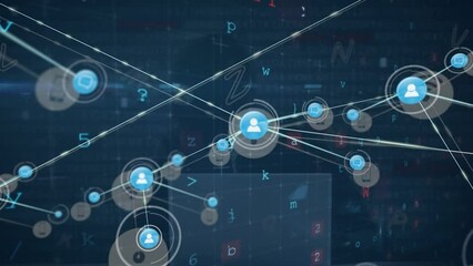 Poster - Animation of network of digital icons, cyber security data processing over male hacker using laptop