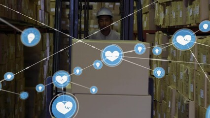 Sticker - Animation of network of icons over african american male worker operating forklift at warehouse