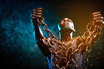 African American enslaved man breaking chains, freedom concept, Emancipation. Generative AI