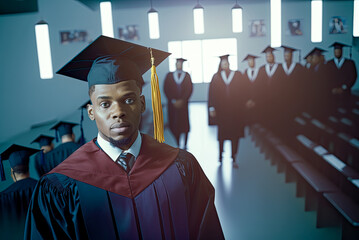 Wall Mural - African American graduate wearing cap and gown. Generative AI