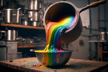 A Rainbow Is Poured From A Ladle Into A Plate In The Kitchen