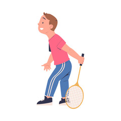 Poster - Happy boy playing tennis. Child in sports outfit training with racket cartoon vector illustration