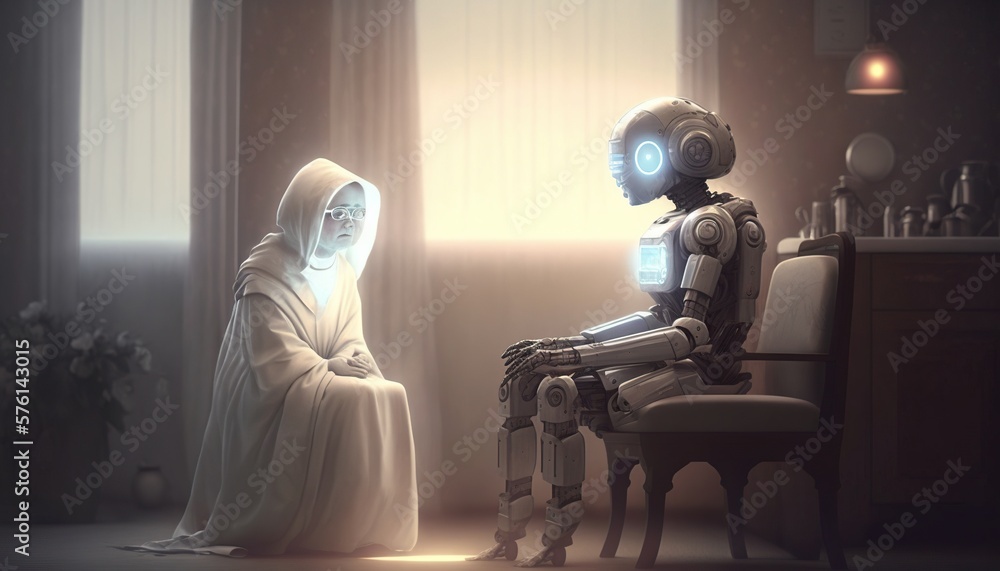 Futuristic AI robot helping an old lady working in an aged care nursing ...