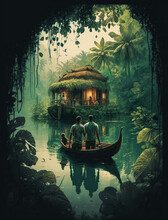 In Kerala, India, A Couple Cruising Through Serene Backwaters On A Traditional And Romantic Houseboat, Watching The Lush Greenery And Wildlife Ai Generative