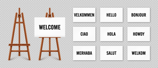 Wall Mural - Realistic paint desk with text on white canvas. Wooden easel and a sheet of drawing paper. Presentation board on a tripod. You are welcome, greetings and respects. Vector illustration