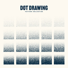 Wall Mural - Square shaped dotted objects, vintage stipple elements. Stippling, dotwork drawing shading using dots. Halftone disintegration effect. White noise grainy texture. Fading gradient. Vector illustration