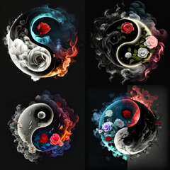 Wall Mural - yin and yang, masculine and feminine, flowers, black and white background, picture set
