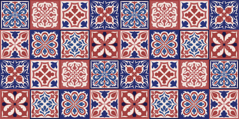  Seamless Moroccan mosaic Tile pattern with colorful Patchwork. Vintage Portugal azulejo, Mexican Talavera, Italian majolica Ornament, Arabesque motif or Spanish ceramic Mosaic