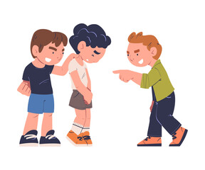 Sticker - Sad boy being bullied by his schoolmates. Children laughing and pointing at upset boy. Mockery and bullying at school cartoon vector illustration