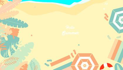 Bohemian Summer, latest modern summer sale background with catchy colors and banner design, 
beach sand, umbrellas, coconut trees, flip flops, surfboards and beach mats