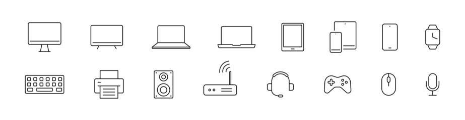 Device icons. Device technology icons collection. Computer, laptop, phone, tablet screen. Technology web icons collection. EPS 10