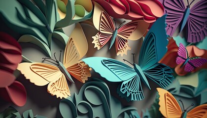 Wall Mural - Folded paper abstract colorful butterflies. Origami paper sculpture spring. Delicate intricate background wallpaper.