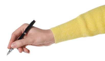 Wall Mural - Woman holding pen on white background, closeup of hand