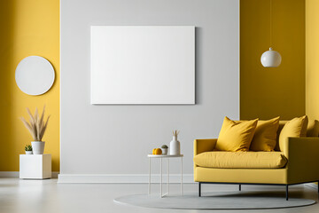 a white canvas hanging on a yellow wall in a modern workspace. The image is minimalist and elegant, with natural light illuminating the scene. generative ai