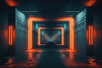 Wall Mural - Illustration backdrops with a dark tunnel, a warehouse stage, and a neon light show Generative AI