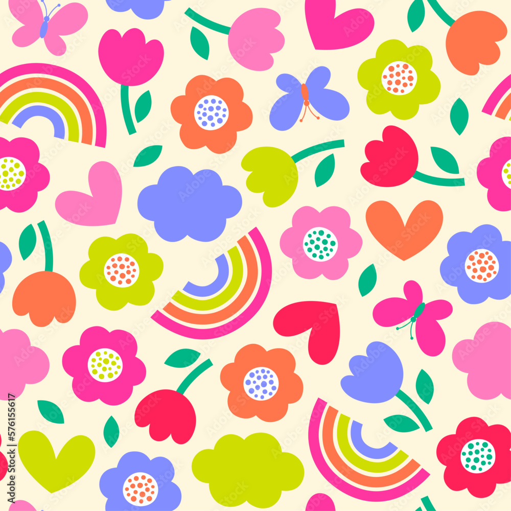 Colorful cute floral and rainbow seamless pattern background. Stock ...