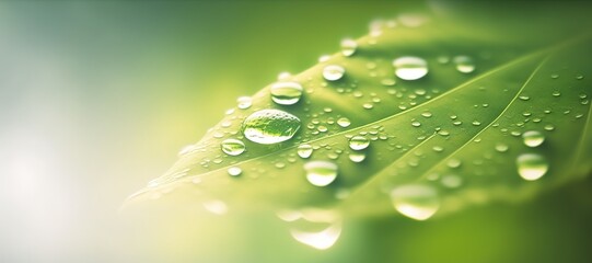 beautiful background with leaves with large dew drops in sunlight, generative AI