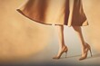 Woman in a neutral colour fashion dress and high heels with copy space for text. Generative AI