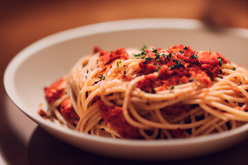 Wall Mural - delicious fresh tomato spaghetti bolognese, generative AI