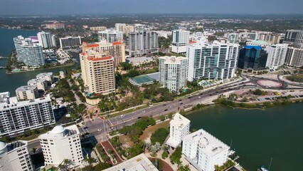 Wall Mural - Panorama of City Sarasota FL. Beautiful beaches in Florida. Spring or summer vacations in Florida. Beautiful View on Hotels and Resorts on Island. America USA. Gulf of Mexico. Aerial travels video.