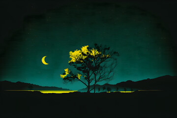 Wall Mural - Cyan Yellow Minimalistic Dark Landscape: Moonlit Night Art