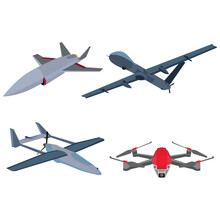 Vector illustration sets of unmanned aerial vehicle (UAV) and rotor drone. UAV technology for military defense warfare, weapon intelligence, armed combat aviation and spy aircraft