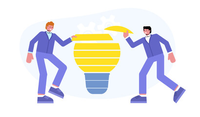 Modern vector illustration of two people combining light bulb shaped puzzle. Teamwork, partnership, creativity concept