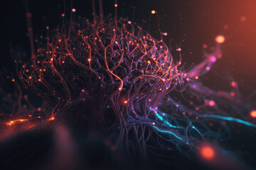 Wall Mural - Neurons firing and wiring together in a neural network. Abstract conceptual visualization. Generative AI.