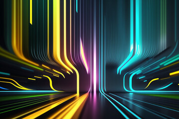 Wall Mural - abstract background  bright neon rays and glowing lines, green teal blue yellow creative wallpaper