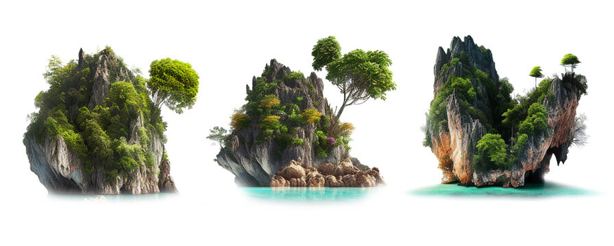 set of beautiful island mountain with trees travel summer holiday vacation idea concept, isolated on