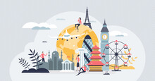 World Tourism And Global Travel With Symbolic Heritage Places Tiny Person Concept. London, Paris, Rome And Other Historical Tourist Buildings, Towers And Holiday Destinations Vector Illustration.