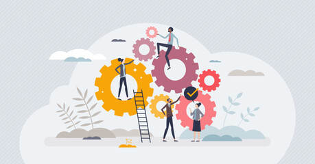 Workforce development and teamwork collaboration process tiny person concept. Team interaction for successful and effective work vector illustration. Performance optimization and improvement strategy