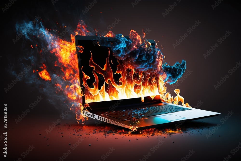 laptop made of fire and smoke on a dark background, generative ai Stock ...