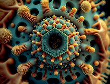 This Close-up Image Under A Microscope Showcases The Artistic Beauty Of A Virus. Its Intricate Details And Unique Shape Highlight The Complexity Of These Tiny Infectious Agents. Generative AI