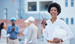 Engineer, walkie talkie and black woman with hard hat, portrait and happiness for new project, real estate or success. Face, African American female manager or employee with communication and outdoor