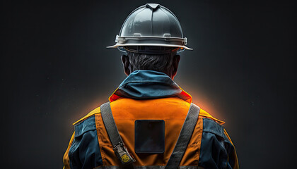 Safety profession construction , fireman wearing safety uniform from back view, working, training technique, safe body harness, fog smoke background with Generative Ai.