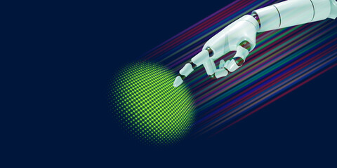 3D robotic hand touching halftone pattern  isolate on blue