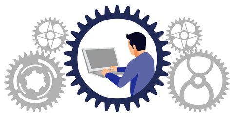 Freelancer character working with pc laptop in gear avatar isolate on white background with gear system