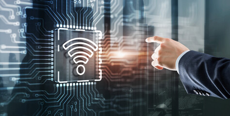 Wall Mural - man clicks on the logo wireless internet connection communication mobile technology concept