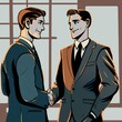 cartoon graphic of business men shaking hands, making a deal, introduction