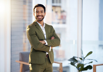 Professional portrait of asian man in office with leadership, business mindset and happy career with designer fashion. Face of a proud and confident Japanese manager, boss or entrepreneur with smile