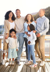 Sticker - Love, happy and portrait of a big family outdoor on the balcony of their modern house. Happiness, smile and girl children siblings standing with their parents and grandparents outside of the home.