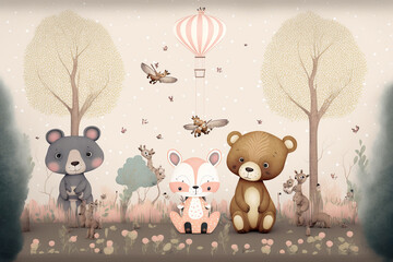kids room wallpaper with animals and pastel colors.generative ai.