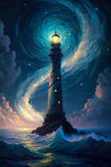 Wall Mural - Beautiful Watercolor Illustration of a Lighthouse set on a Rocky Island against a Backdrop of a Starry Night Sky, Made in Part with Generative AI