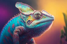 Close-up Portrait Of A Chameleon With Bright Exotic Skin In Colorful Colors. Generative AI Illustration