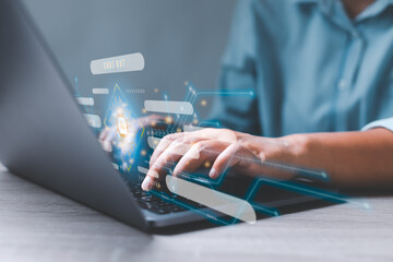 Businessman chatting on laptop with virtual artificial intelligence with chatbot communicate and interact helping business. Futuristic technology. Virtual assistant on internet.