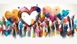 Group of diverse people with arms and hands raised towards hand painted hearts. Charity donation, volunteer work, support, assistance. Multicultural community. People diversity. Generative AI