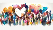 Group Of Diverse People With Arms And Hands Raised Towards Hand Painted Hearts. Charity Donation, Volunteer Work, Support, Assistance. Multicultural Community. People Diversity. Generative AI